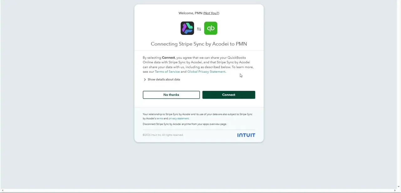 The consent screen for connecting a Stripe sync app to your QuickBooks company, spelling out what data gets shared in both directions.