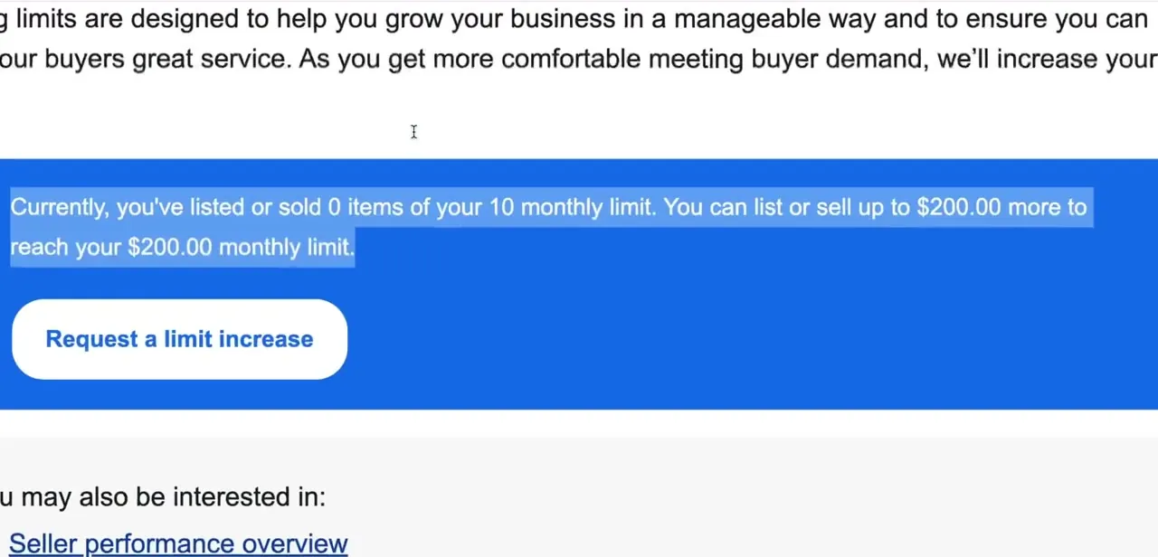 The selling limits summary, showing items listed against the monthly cap with a "Request a limit increase" button directly below it.