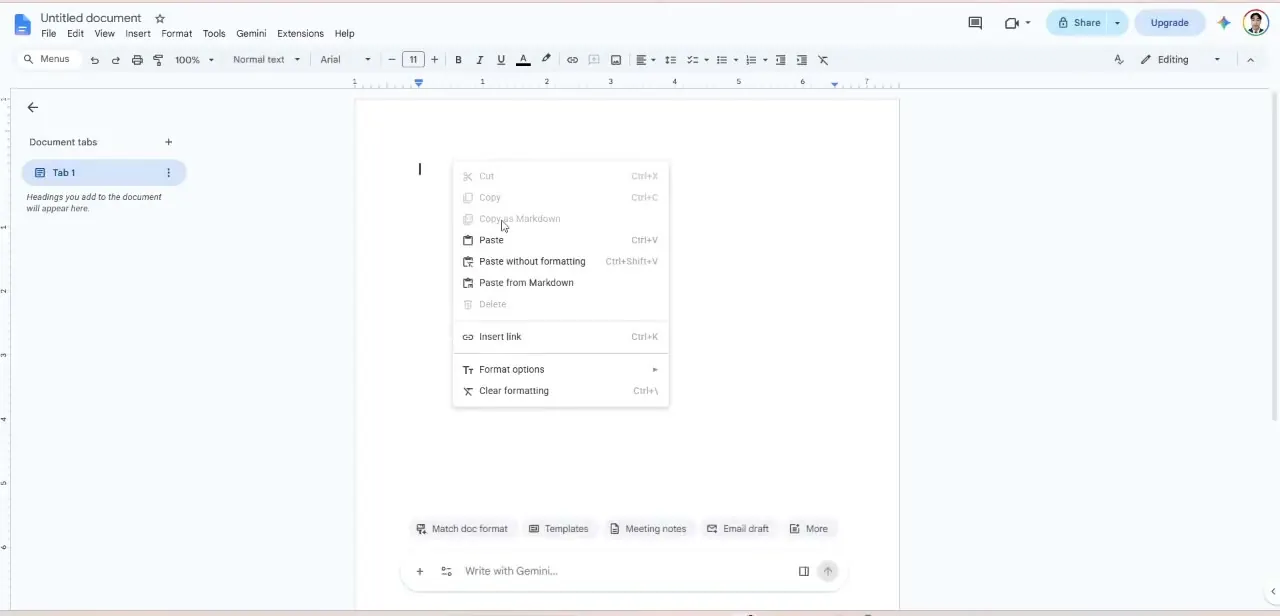 The paste context menu in Google Docs — Paste, Paste without formatting, and Paste from Markdown are three genuinely different outcomes, not one choice.