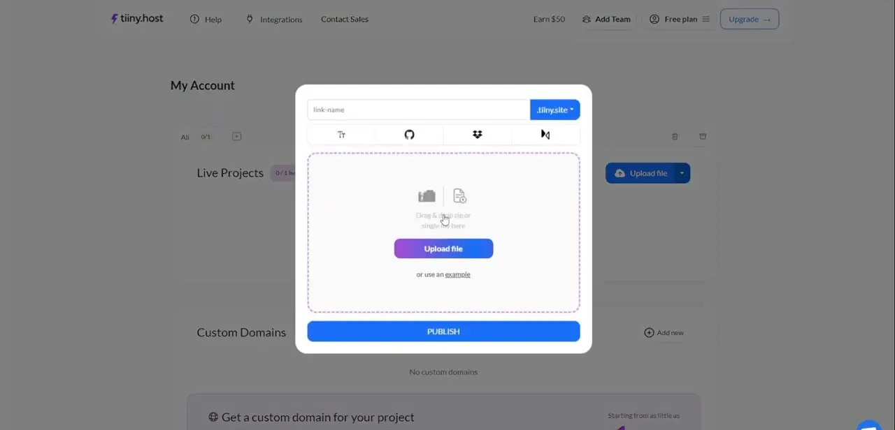 A static hosting dashboard's upload screen — drag the exported files in, or connect GitHub or Dropbox, then publish to get a live link.