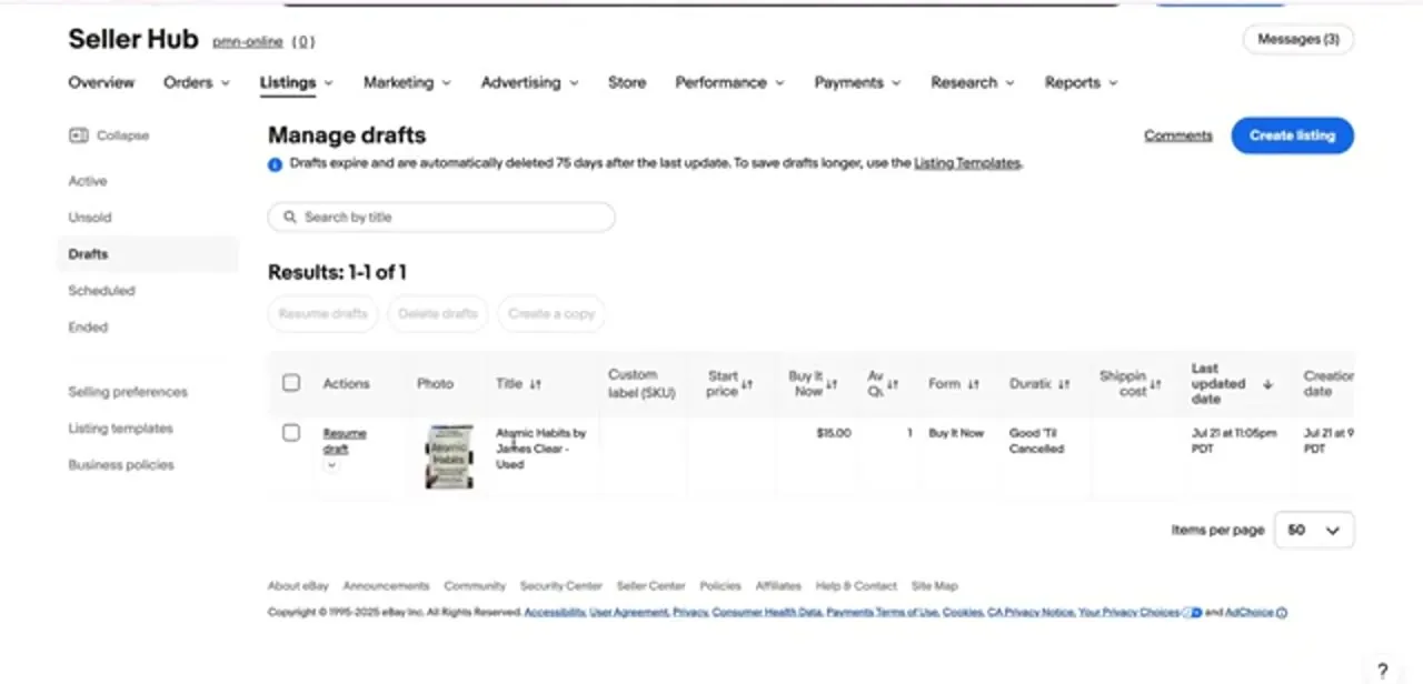 The Manage drafts view in Seller Hub, showing the Av. Qty, Buy It Now format, and Good 'Til Cancelled duration columns for a saved listing.