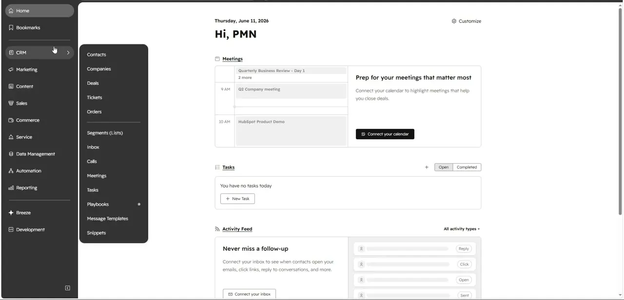 The CRM flyout menu from the home dashboard, with Contacts as the first option above Companies, Deals, and Segments (Lists).