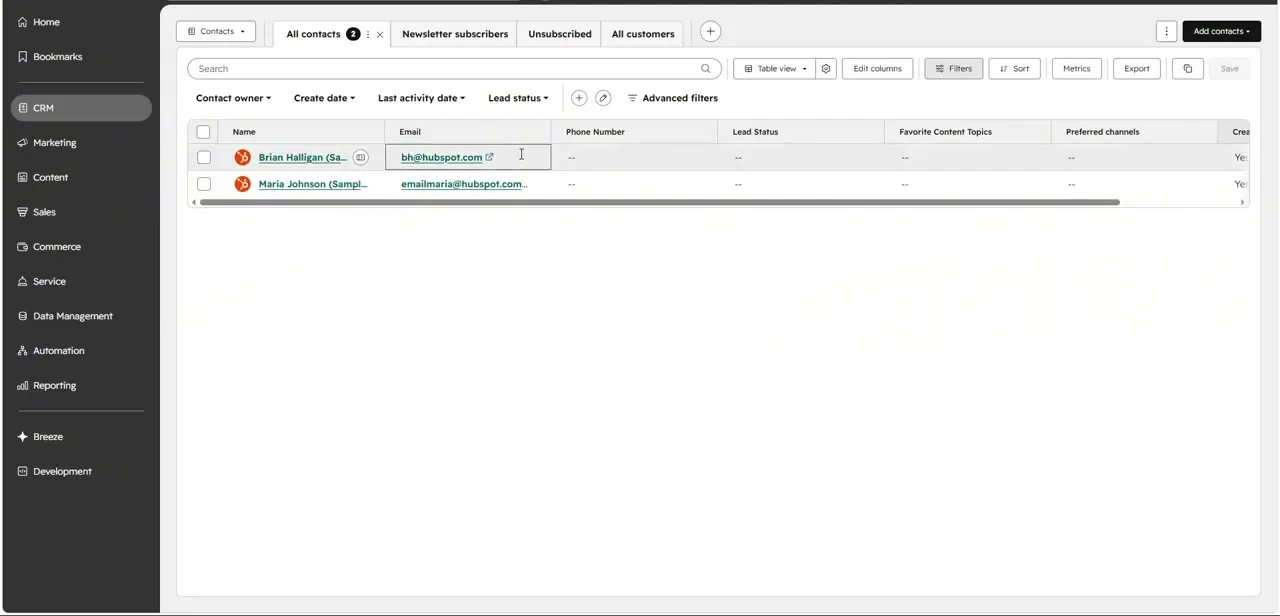 The Contacts table with its All contacts tab active, showing the checkbox column, search bar, and Filters, Sort, and Advanced filters controls.