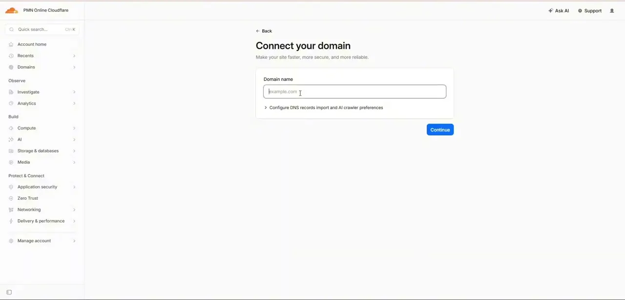 The Connect your domain screen with an empty Domain name field and the collapsed DNS import and AI crawler preferences link.