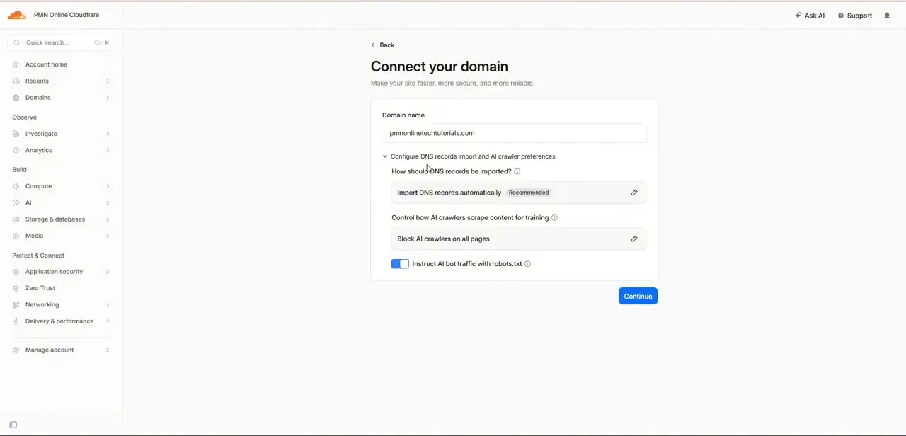 The expanded preferences panel, showing DNS import set to automatic and AI crawlers blocked on all pages by default, with a robots.txt toggle.