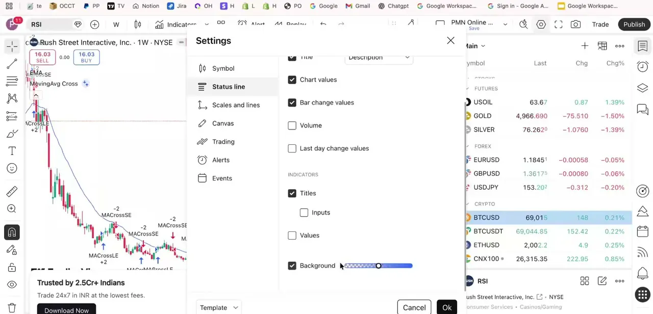 The same Status line settings with Titles and Values both unchecked. The Inputs sub-option disappears along with Titles, since there's no title line left to attach it to.