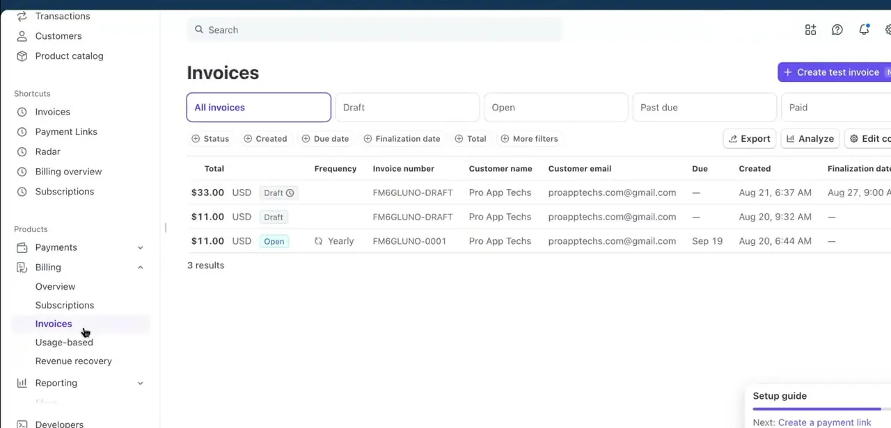 The Invoices list in Stripe's Billing section, showing draft and open invoices with their totals and customer details.