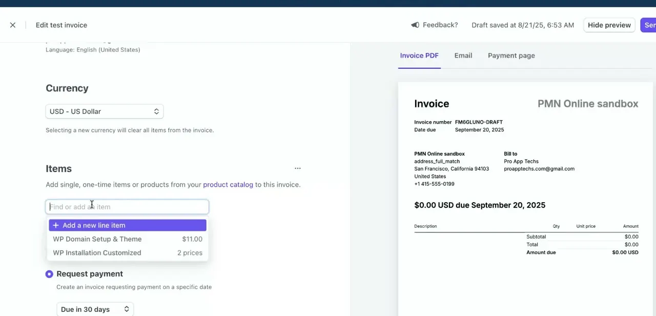 Editing a draft invoice, adding a line item alongside catalog products, with the invoice preview updating on the right.