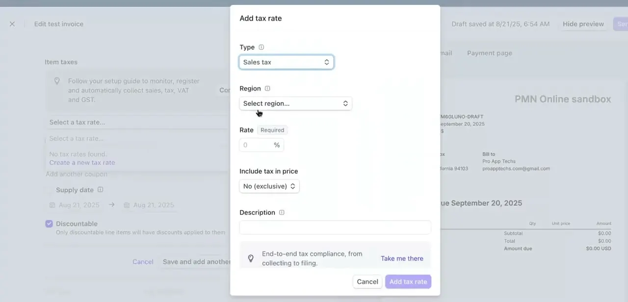 The Add tax rate dialog, with fields for rate type, region, percentage, and whether the amount is included in or added on top of the price.
