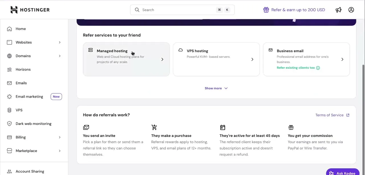 The "How do referrals work?" panel, showing the four-step path from invite to payout and the 45-day activity requirement.