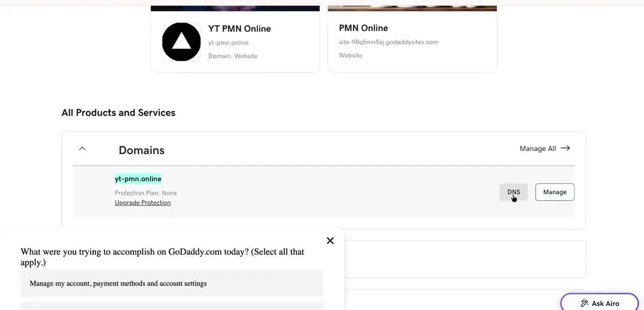 The GoDaddy account overview, listing each domain as its own card with DNS and Manage buttons.