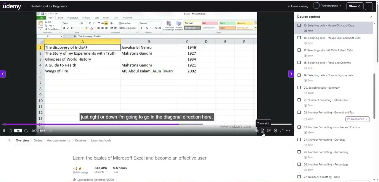 The video player toolbar, with a tooltip labeled "Transcript" appearing over the document icon next to playback settings.