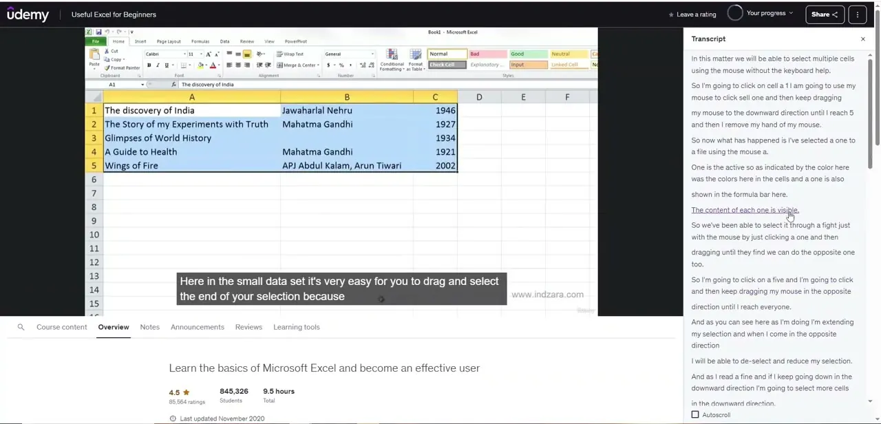 The transcript panel open beside the video, with the currently spoken line highlighted and an Autoscroll checkbox below.