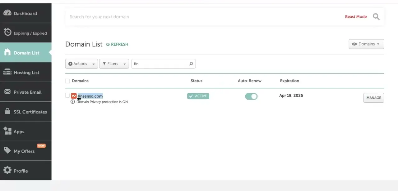 Namecheap's Domain List filtered down to the domain being connected, with the Manage button that opens its DNS settings.