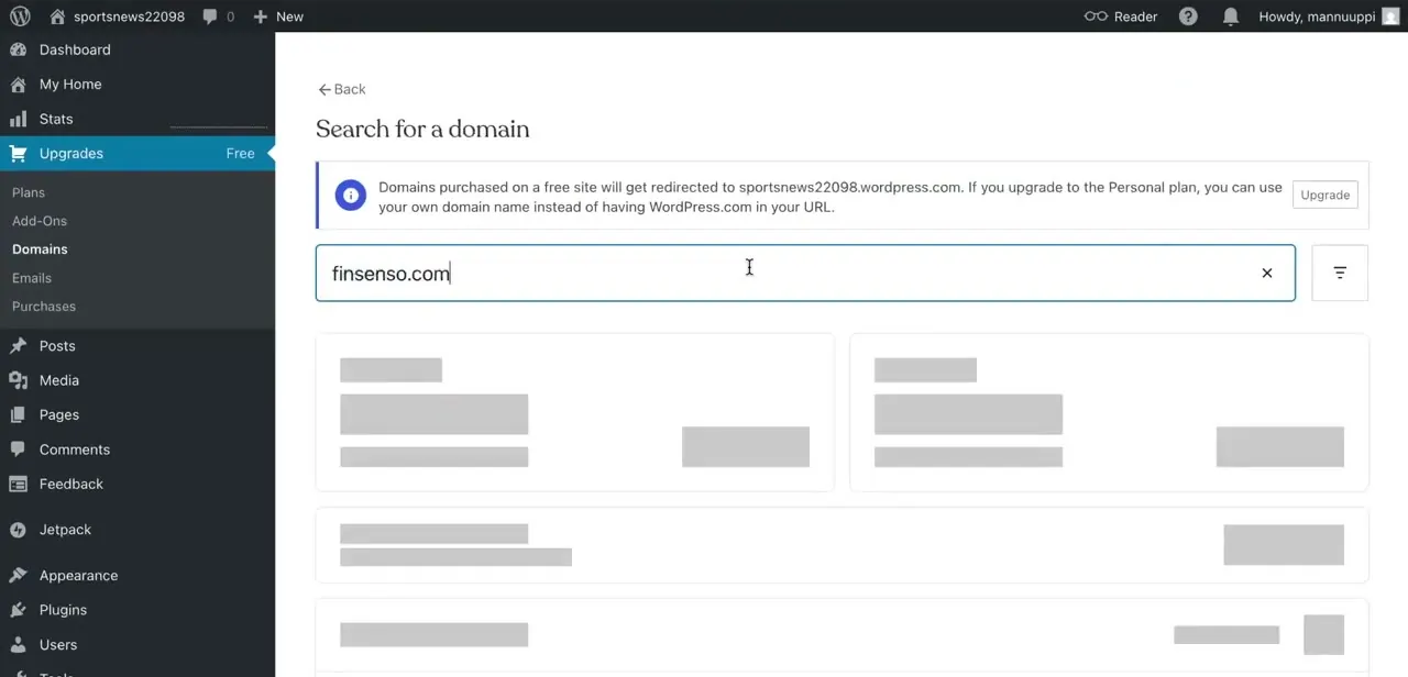 WordPress.com's domain search with an existing domain typed in, and a note that custom domains require a paid plan to fully connect.
