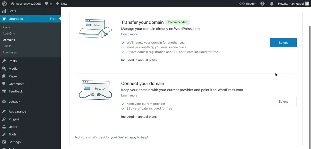 WordPress.com's Transfer vs. Connect screen, with Connect your domain keeping the registration at your current provider.