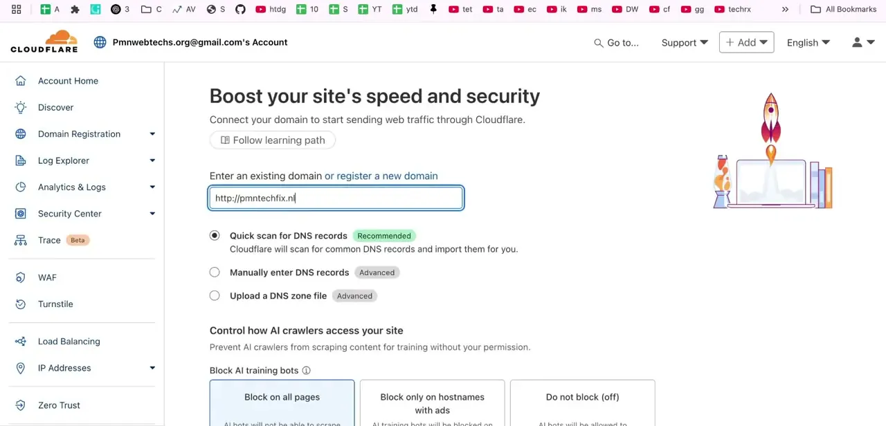 Cloudflare's add-a-domain screen with the Squarespace domain entered and Quick scan for DNS records selected as the recommended option.