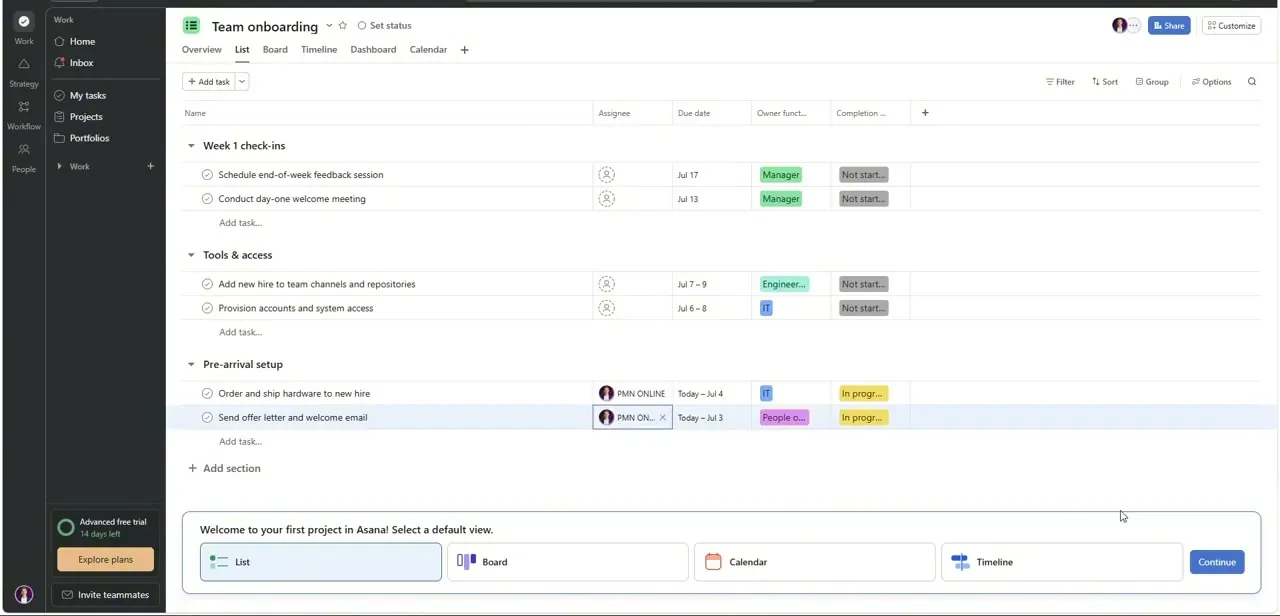 A project's List view, with tasks grouped into sections and Asana prompting for a default view for the team.