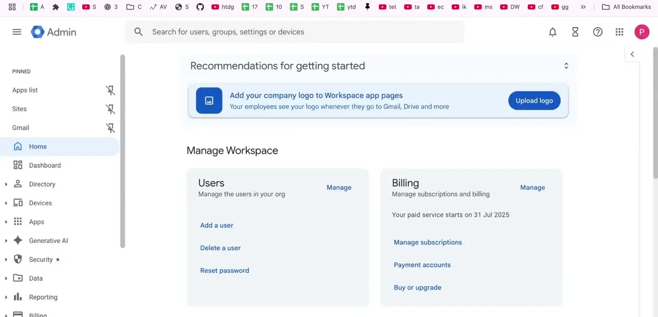 The Admin console home, with quick-access cards for managing users and billing. Role assignment lives further down the left menu, under Account.