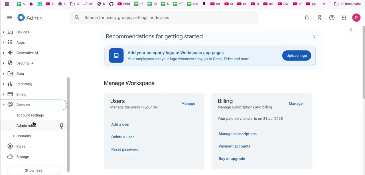 The Account section expanded in the left sidebar, with Admin roles listed alongside Account settings, Domains, and Rules.