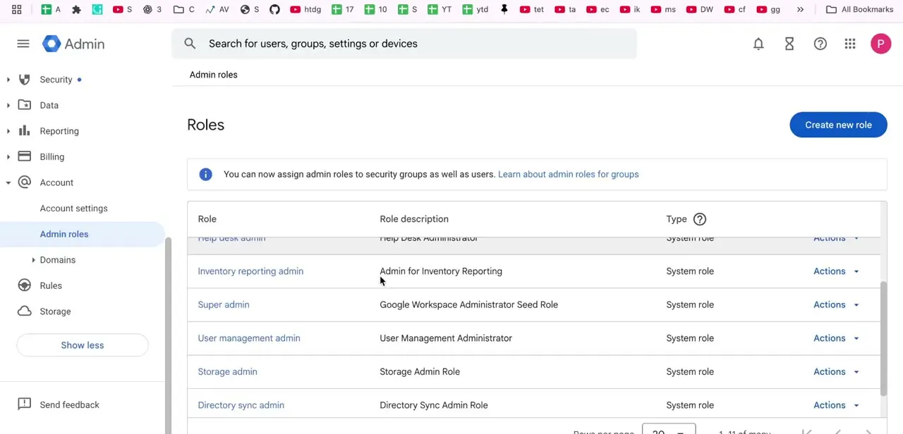 The Admin roles table, listing system roles including Super admin, User management admin, and Storage admin, each with its own Actions menu.