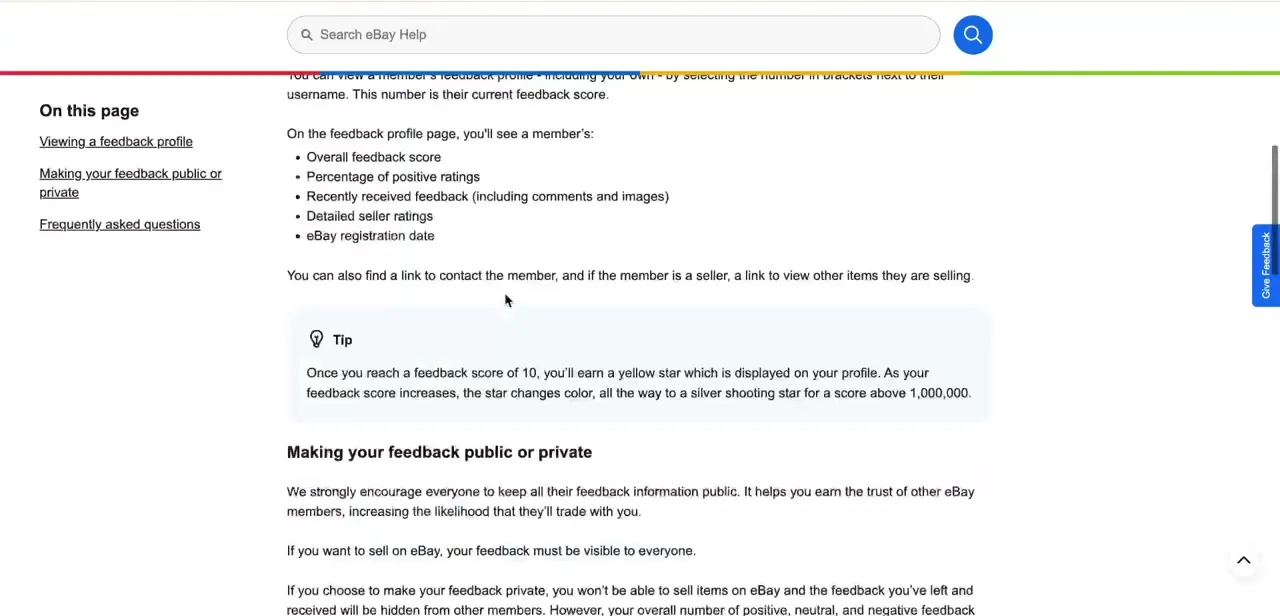 eBay's Help Center page explaining what a feedback profile displays, including the star-rating milestones tied to feedback score.