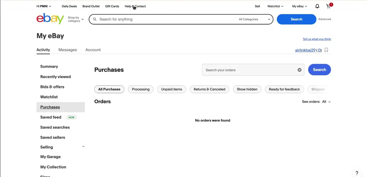 The My eBay Purchases page, with a "Ready for feedback" filter alongside Processing, Unpaid items, and Returns & Canceled.