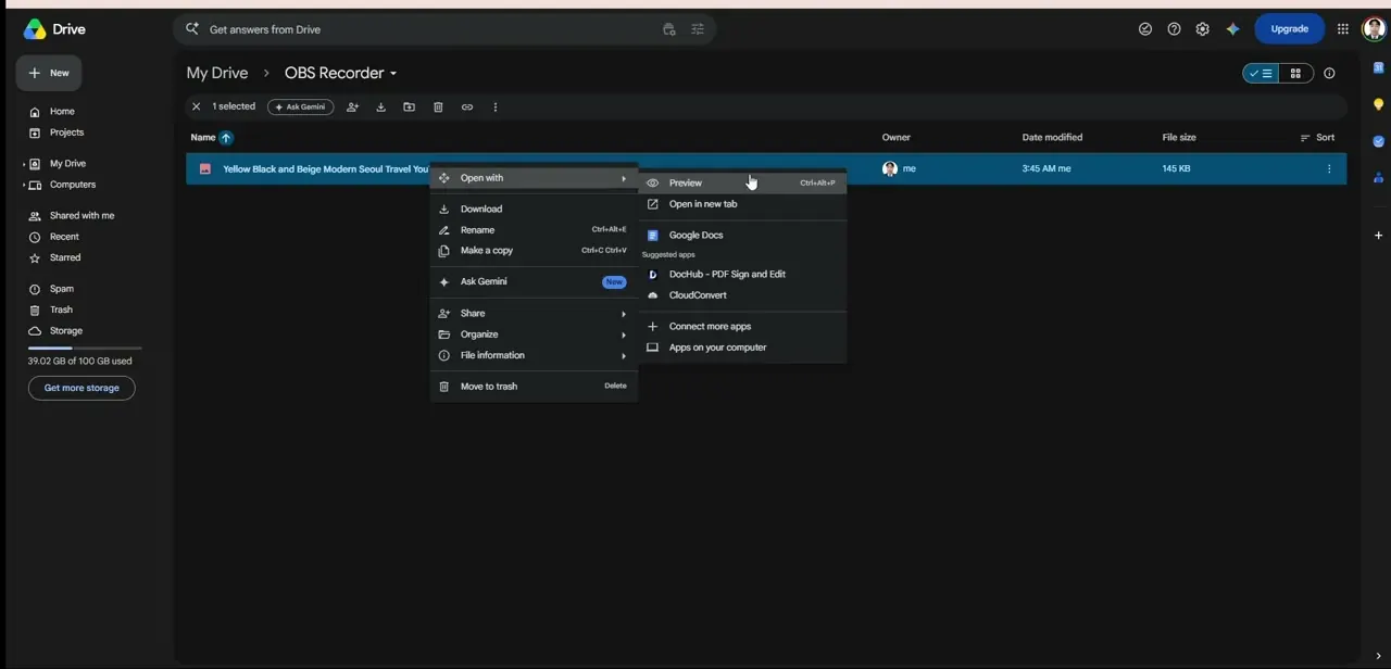 Drive's Open with menu, showing suggested apps and the Connect more apps link that opens the Workspace Marketplace.