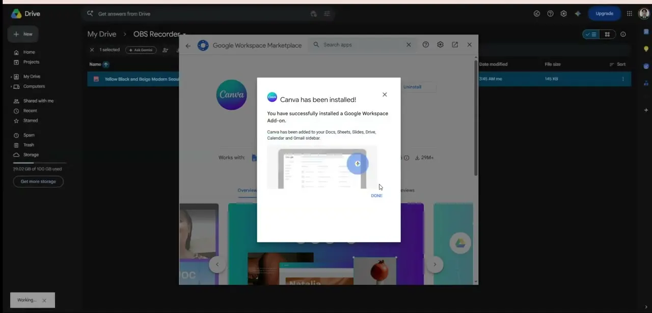 The install confirmation after adding Canva from the Google Workspace Marketplace, noting it's now available across Docs, Sheets, Slides, Drive, Calendar, and Gmail.