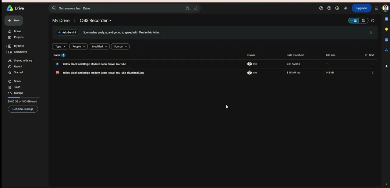 A Drive folder after the connection is live, showing a Canva design file created directly alongside the original source image.