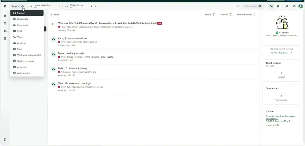 The Support product switcher, expanded to show every Zendesk product plus the Admin Center link needed to reach account-wide settings.