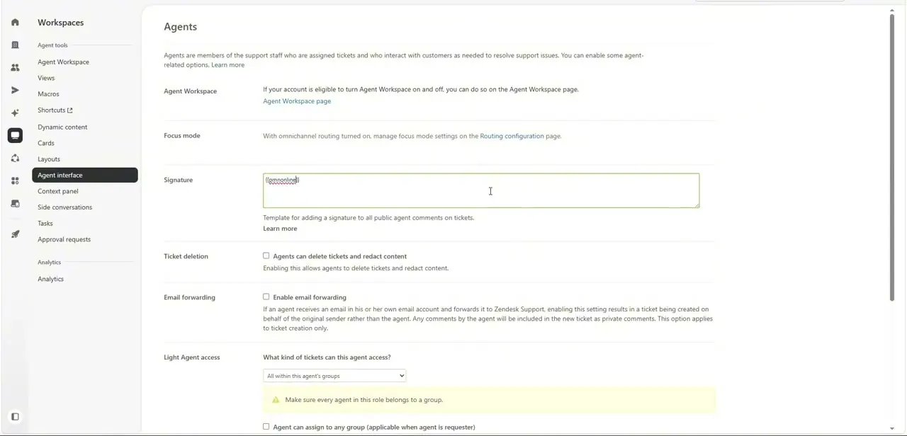 The Signature field on the Agent interface settings page, showing the template box that controls the sign-off appended to every public ticket comment.