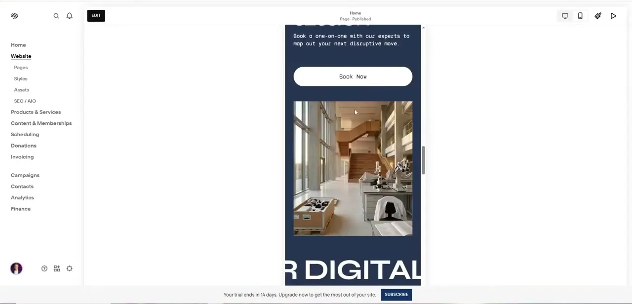 The finished site inside Squarespace's standard editor, already published, with the trial countdown visible at the bottom of the screen.