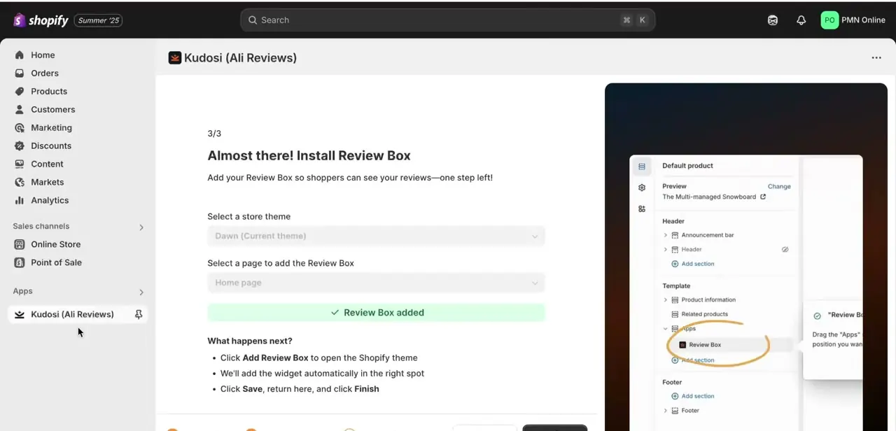 The final step of Kudosi's setup wizard, adding the Review Box widget to a selected theme and page, with a preview showing its position.