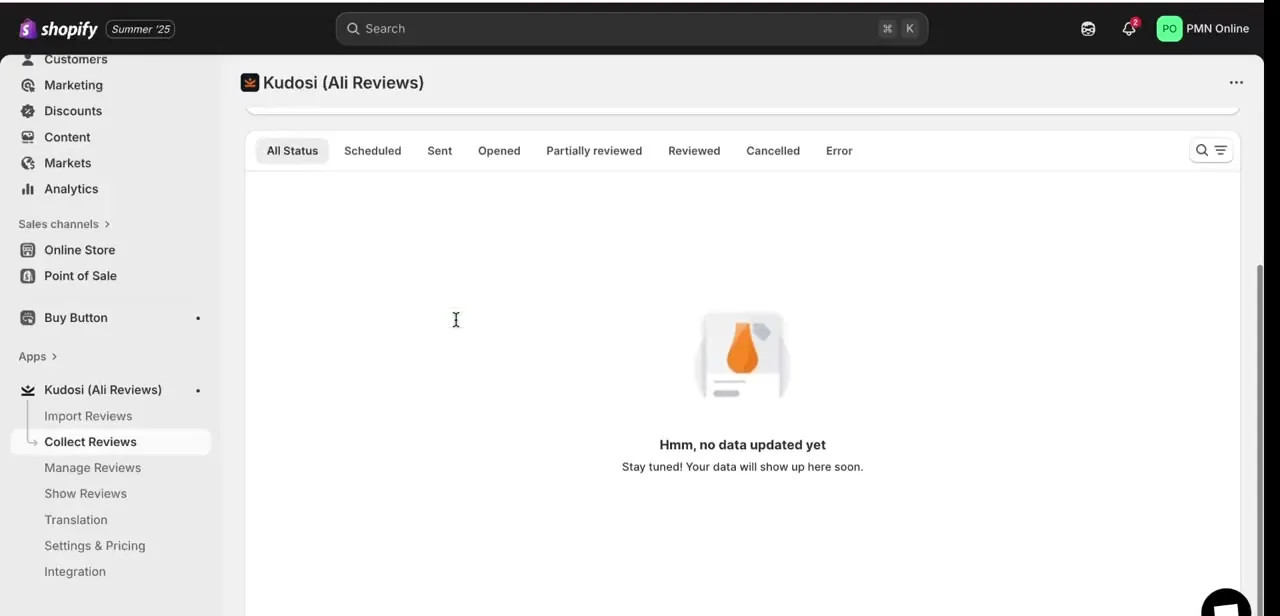 The Kudosi (Ali Reviews) dashboard, with Import Reviews and Collect Reviews in the app's left menu and status tabs for tracking each import batch.