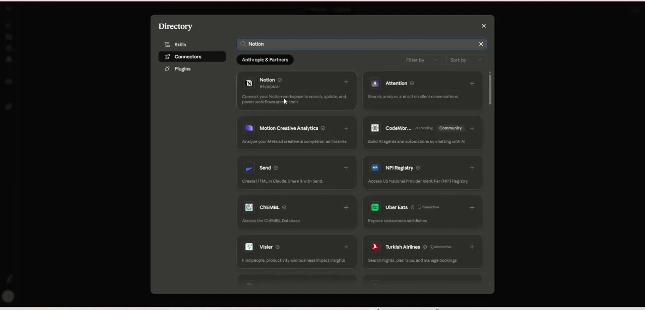 The Connectors tab in Claude's Directory, with Notion listed as a popular option alongside dozens of other integrations.