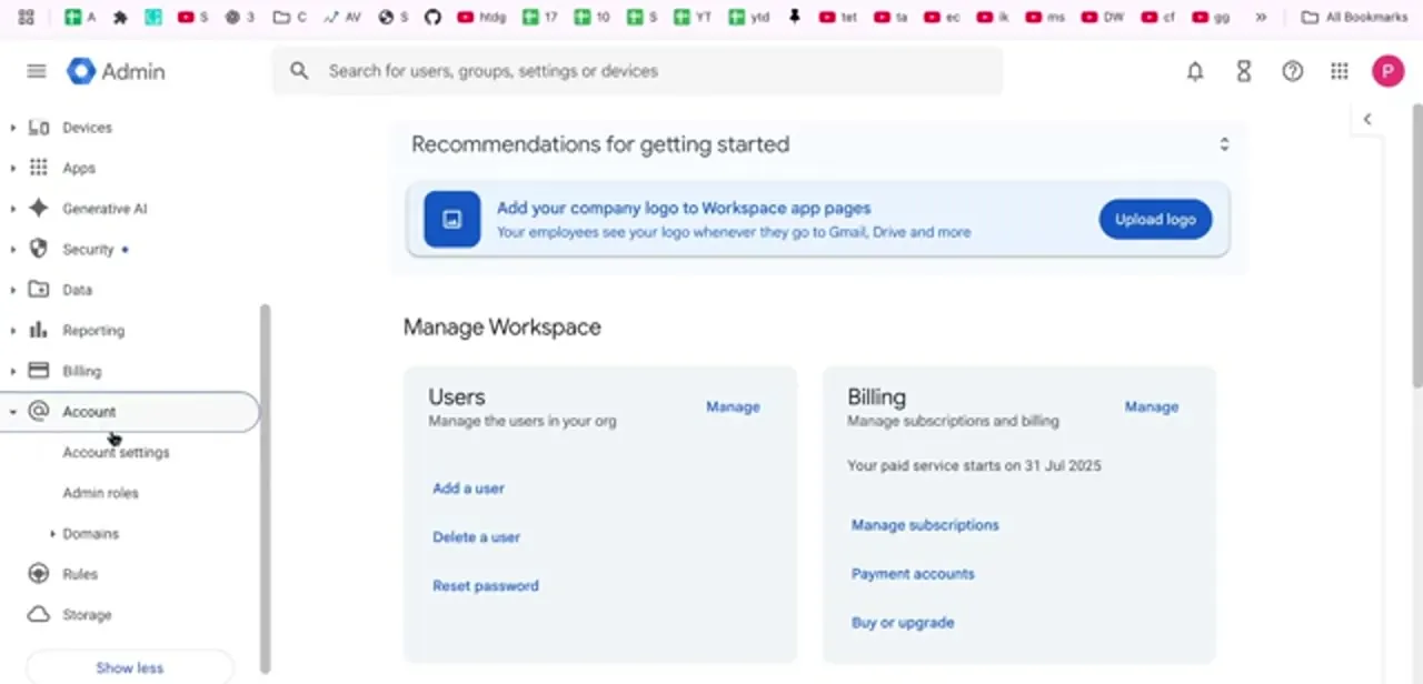 The Admin console home, with the Billing card showing the paid service start date and the Account section expanded in the left menu.