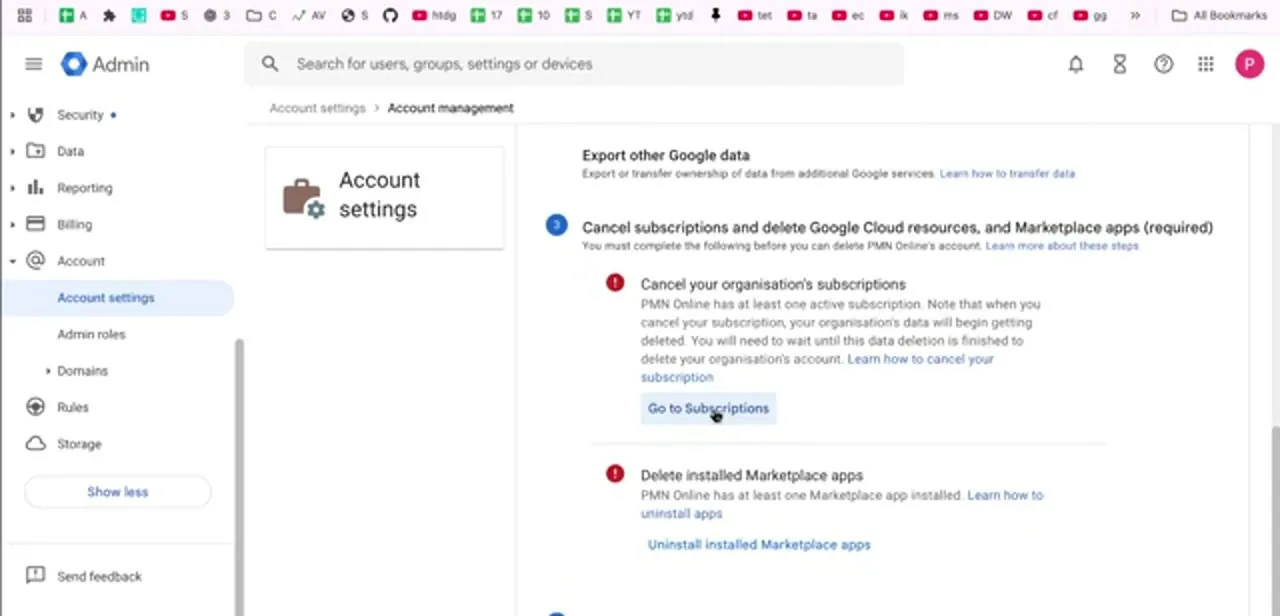The account management checklist, flagging active subscriptions and installed Marketplace apps as required steps with direct links to each.