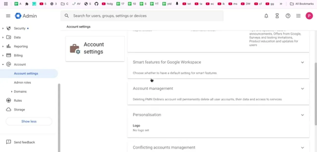Account settings scrolled to the Account management row, warning that deletion permanently removes all user accounts and their data.