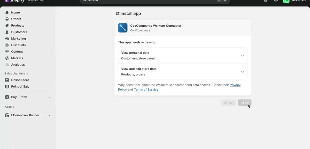 The install permissions screen for CedCommerce Walmart Connector, listing access to customer data and to product and order data.