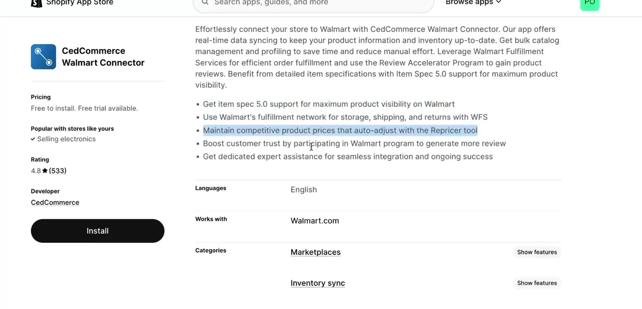 The CedCommerce Walmart Connector listing page, showing its pricing, feature list, and that it works specifically with Walmart.com.