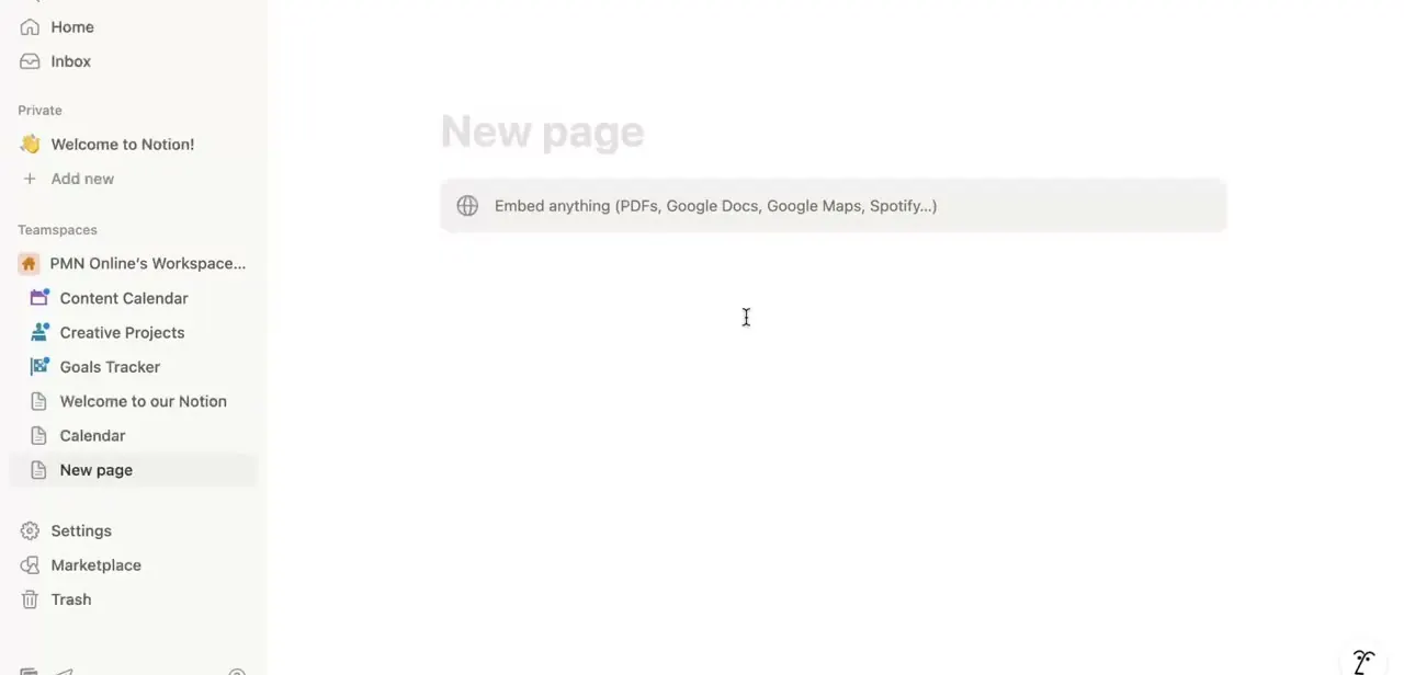 Notion's embed placeholder block, which accepts a pasted link for Google Calendar, Google Docs, Google Maps, and similar embeddable sources.