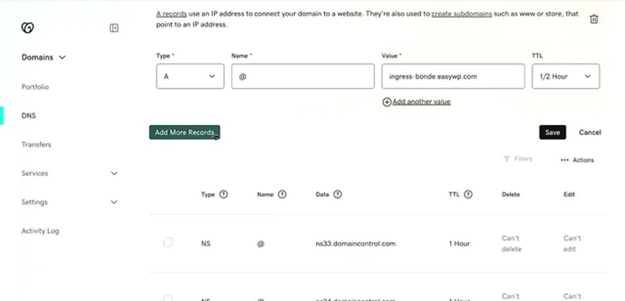 GoDaddy's add-record form with @ in the Name field and the host's target address in Value, with the existing NS records listed below it.