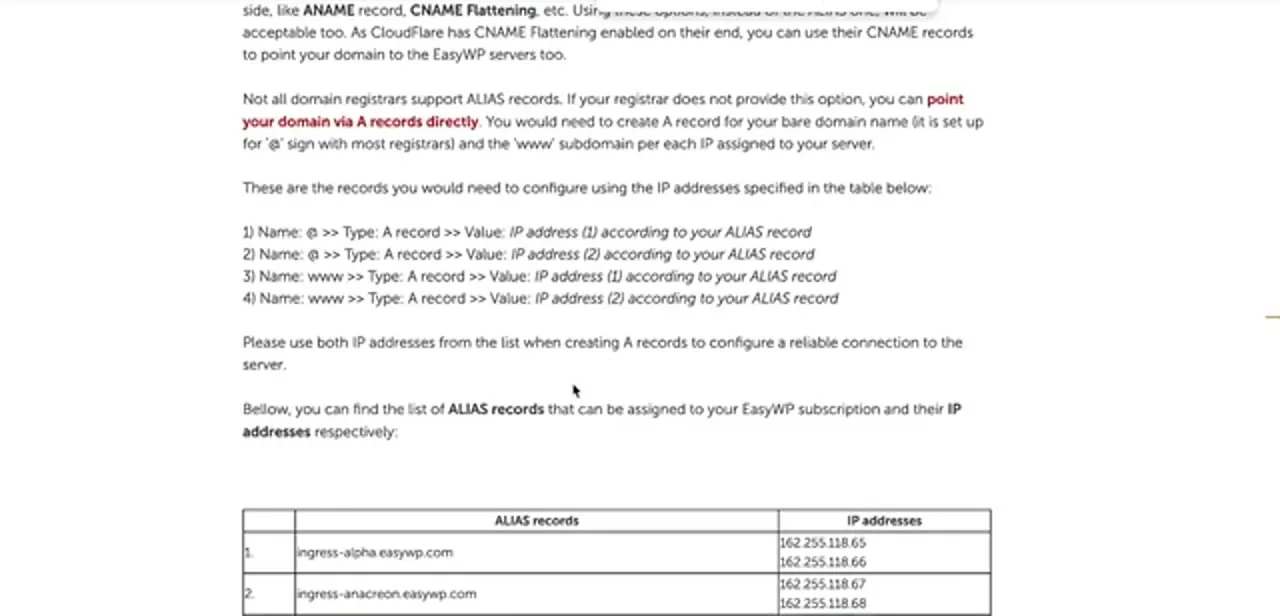 The provider's fallback instructions: create A records on @ and www for each IP, with the table below mapping every ALIAS hostname to its pair of addresses.