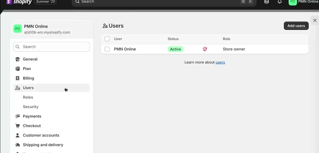 The Users screen under Settings, listing the current store owner with an Active status and a role that can't be removed like a normal staff account.
