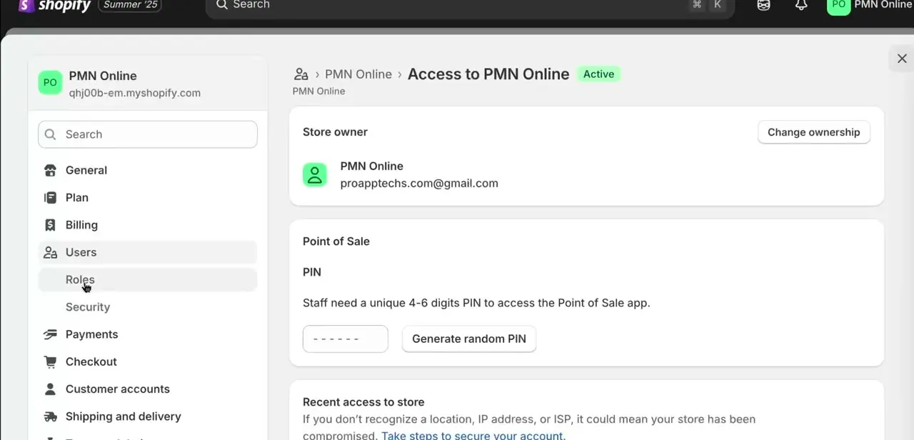 The Access page for a user, showing the current store owner's name and email with the Change ownership button used to start a transfer.