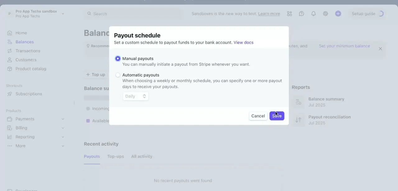 The Payout schedule dialog, choosing between manual payouts and an automatic schedule with a configurable frequency.