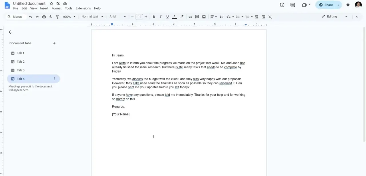 A Google Doc open and ready for editing, with the extension active in the background after a fresh page load.