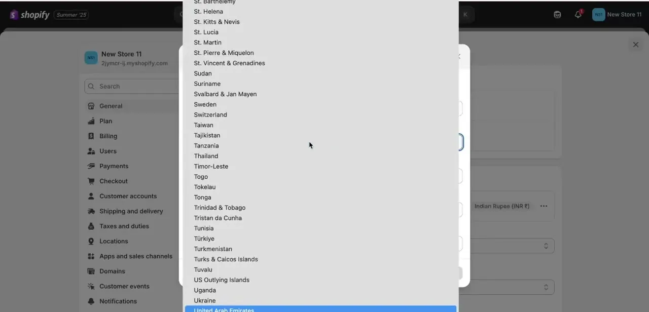 The country selector under Settings, General — a long dropdown list where the wrong entry can silently block region-locked apps like TikTok Shop.