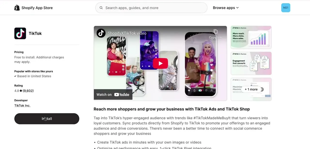 The TikTok app listing in the Shopify App Store, showing pricing and the Install button — check the requirements text above this before installing.